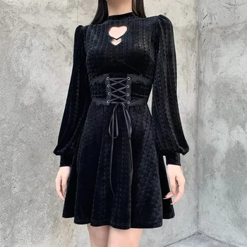 Moterų Gotikos Suknelę Žiemos Retro ilgomis Rankovėmis Tvarstis Zip Mini Suknelė Ponios Atsitiktinis O Kaklo Šalis Suknelės vestido de mujer