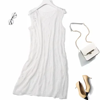 Moterų Gryno Šilko Plonas Vien Ilga Suknelė siuvinėjimo įgulos kaklo, rankovių balta dydis L XL JN155