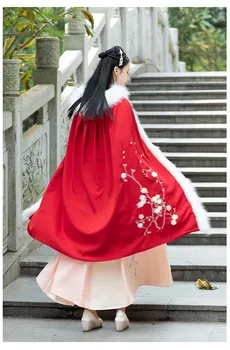 Moterų Hanfu Senovės Kinijos Kailių Apykaklės Raudonos Aksomo Apsiaustu Helovinas Kostiumas Moterims Hanfu Skraiste Karnavalas Šalies Aprangą Lady