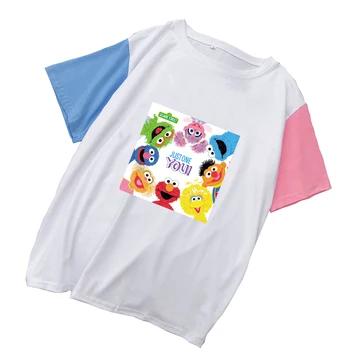 Moterų Harajuku Kawaii Marškinėliai Vasaros Rašybos Spalvų Kratinys Medvilnės marškinėliai Sesame Street Animacinių filmų Spausdinti Laisvi Marškinėliai Femme Viršūnės