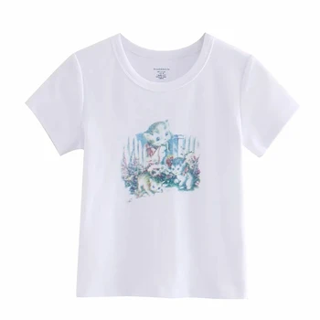 Moterų Kačiukas Spausdinti Apkarpytos Medvilnė Tee Trumpas Rankovėmis Medvilne, T-shirt