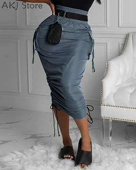 Moterų Kietas Seksualus, Elegantiškas Kišenėje Dizainas Ruched Maxi Sijonas Atsitiktinis Krovinių Sijonai