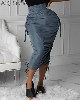 Moterų Kietas Seksualus, Elegantiškas Kišenėje Dizainas Ruched Maxi Sijonas Atsitiktinis Krovinių Sijonai