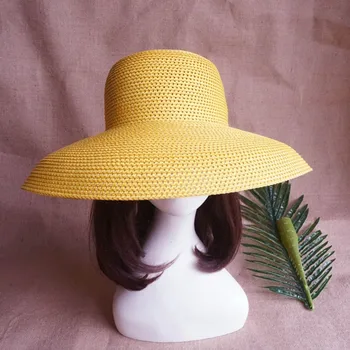 Moterų Klasikinio Platus Kraštų Cloche Vasaros Skrybėlę Floppy UV Apsauga Paplūdimio Skrybėlę Lady Geltonos spalvos Popieriaus, Šiaudų Skrybėlę Packable Derby Saulės Skrybėlę