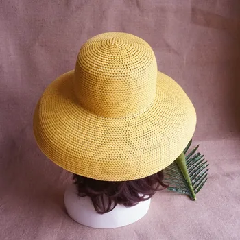 Moterų Klasikinio Platus Kraštų Cloche Vasaros Skrybėlę Floppy UV Apsauga Paplūdimio Skrybėlę Lady Geltonos spalvos Popieriaus, Šiaudų Skrybėlę Packable Derby Saulės Skrybėlę