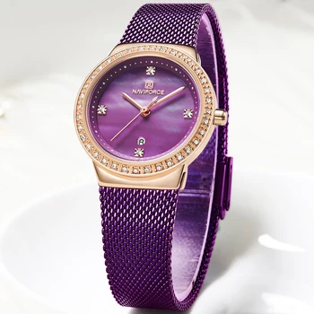Moterų Laikrodžiai NAVIFORCE Prabangos Prekės ženklo Moterų Mados Violetinė Žiūrėti Ponios Paprasta Nerūdijančio Plieno, atsparus Vandeniui Kvarciniai Rankiniai Laikrodžiai