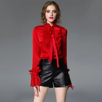 Moterų Mados Dizaineris Palaidinės, Rudenį, Pavasarį 2019 Ponios Susiėmę Apykaklės Blyksnius Rankovės Kietas Raudonos Spalvos Elegantiškas Palaidinės Femmes Marškinėliai