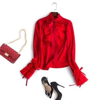Moterų Mados Dizaineris Palaidinės, Rudenį, Pavasarį 2019 Ponios Susiėmę Apykaklės Blyksnius Rankovės Kietas Raudonos Spalvos Elegantiškas Palaidinės Femmes Marškinėliai