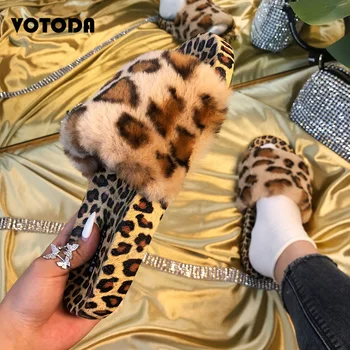 Moterų Mados Lauko Šlepetes Pūkuotas Pūkuotas Leopard Šlepetės Šiltas, Mielas Dirbtiniais Kailiais Skaidres Moterų Storio Dugno Namų Flip Šlepetės Bateliai
