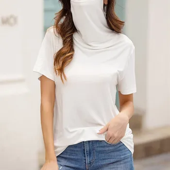 Moterų Marškinėliai Kaukė Golfo Ausų Linijos Saulės Atsitiktinis Palaidų Trumpas Rankovės Veido Kaukė Viršuje Vasaros Streetwear T-shirt Camiseta 2020 m.