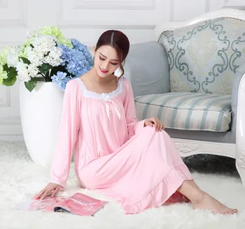 Moterų Medvilnės Modalinį Sleepwear ilgomis Rankovėmis Prarasti tinka korėjos Stiliaus Rožinės spalvos Balta Princesė Ilgai Nightdress Ruožas Pižamą