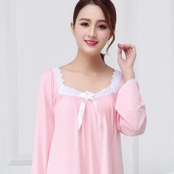 Moterų Medvilnės Modalinį Sleepwear ilgomis Rankovėmis Prarasti tinka korėjos Stiliaus Rožinės spalvos Balta Princesė Ilgai Nightdress Ruožas Pižamą