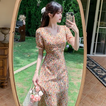 Moterų Midi Derliaus Šifono Gėlių Suknelė Vasaros 2020 Kilimo Ir Tūpimo Tako Elegantiškas Korėjiečių Šalis Wrap Dress Boho Retro Atsitiktinis Atostogų Suknelės