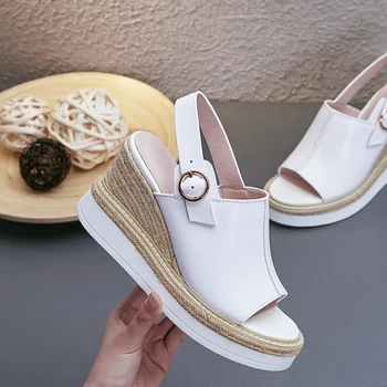 Moterų natūralios odos pleišto platformos basutės prekės dizaineris atidaryti tne slingback vasaros laisvalaikio patogus sandalias batų išpardavimas
