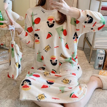 Moterų Nightgowns Dryžuotas Flanelė Spausdinti Atsitiktinis Palaidų Saldus Kawaii Ulzzang Korėjos Stiliaus Prabangus Žiemos Tirštėti Moterų Sleepshirts