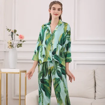 Moterų Pajama Komplektai Šilko Satino Pijama Šviežių Lapų Spausdinta Sleepwear Lady Ilgomis Rankovėmis Pavasario Naktiniai Drabužiai Femme 2 Vnt Homewear