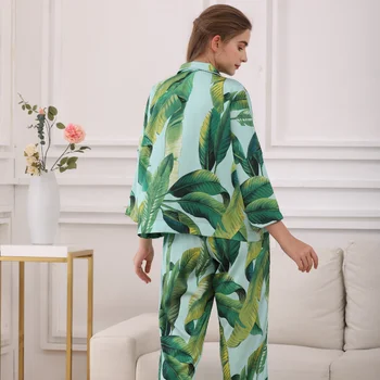 Moterų Pajama Komplektai Šilko Satino Pijama Šviežių Lapų Spausdinta Sleepwear Lady Ilgomis Rankovėmis Pavasario Naktiniai Drabužiai Femme 2 Vnt Homewear