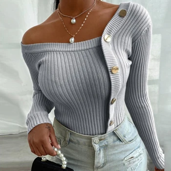 Moterų Pavasario šoninis mygtukas basic marškinėliai palaidinė Lady Rudenį, atsitiktinis, kietas ilgomis rankovėmis viršūnes puloveriai Moterų žiemos slim fit Blusa