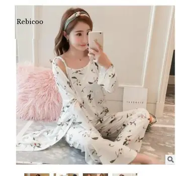 Moterų Pižama 3 Gabalus Satino Sleepwear Pijama Šilko Namų Drabužiai Namų Drabužių, Siuvinėjimas, Miego, Poilsio Pyjama Pižamos Komplektas