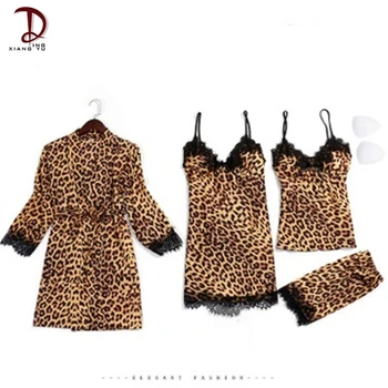 Moterų Pižama Keturių Dalių Šilko Seksualus naktiniai marškiniai, pižamos, Europos ir Amerikos Leopardas Spausdinti Suspender Sijonas Šortai Dviejų dalių Homewear