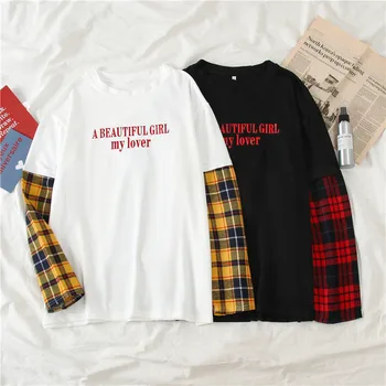 Moterų Raidės, Print t-Shirt Harajuku Kawaii Ulzzang Viršūnes Streetwear haut False 2 vnt Pledas Rankovės draugais marškinėliai Femme