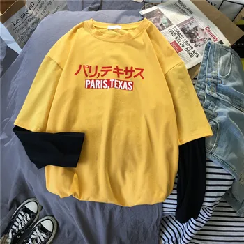 Moterų Raidės, Print t-Shirt Harajuku Kawaii Ulzzang Viršūnes Streetwear haut False 2 vnt Pledas Rankovės draugais marškinėliai Femme