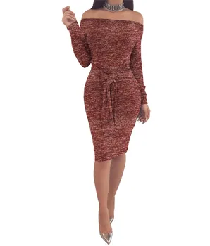 Moterų Rudens Žiemos Ilgos Rankovės Bodycon Suknelė Seksualus Off Peties Elegantiškas Puoštas Kelio Ilgis Apvalkalą Paketo Klubo Suknelė su Diržu