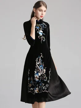 Moterų Rudenį Ilgai Aksomo Suknelė Cheongsam Rudenį Kinų Stiliaus Gėlių Aplikacija Stovėti Apykaklės Atsitiktinis Derliaus Midi Suknelė