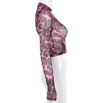 Moterų Sexy Pink Leopard Print Akių Viršų Moteriška Ilgomis Rankovėmis Skaidrus Pasėlių Viršuje Tee 2020 Metų Vasaros Harajuku Moterų Marškinėlius Naujas