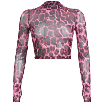 Moterų Sexy Pink Leopard Print Akių Viršų Moteriška Ilgomis Rankovėmis Skaidrus Pasėlių Viršuje Tee 2020 Metų Vasaros Harajuku Moterų Marškinėlius Naujas