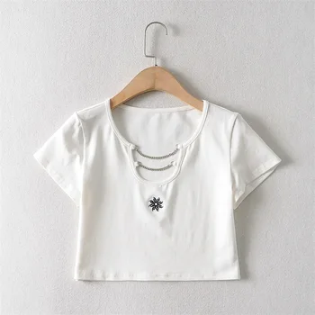 Moterų Siuvinėjimo Saulės Priekiniai Grandinės Išsamiai Pasėlių T-shirt Trumpas Rankovėmis Tinka Pasėlių Viršų