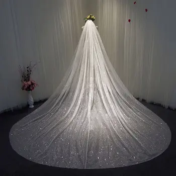 Moterų Tinklinio Ultra-Long Gale Katedra Vestuvių Šydas, Romantiška Prabanga Mirguliavimas Žvaigždėtas Dangus Blizgančiais Karšto Štampavimo Vestuviniai Aksesuarai