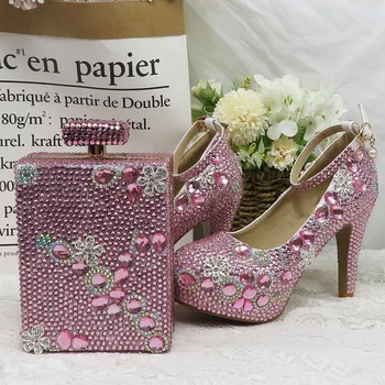 Moterų vestuvių bateliai, Vestuviniai Rožinė kristalų šalis batai su atitikimo krepšiai, mada aukštakulniai platformos batai Moteris, Suapvalinti Tne Siurbliai