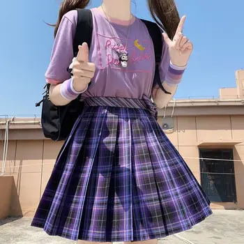 Moterų Violetinė Juoda Goth Plisuotos Pledas Sijonas Glir Aukšto Juosmens Seksuali Mini Sijonai Japonų Mokyklos Harajuku Cosplay, Anime Sailor Kostiumas