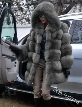 Moterų Žiemos Dirbtiniais Kailių Paltai Jaukus Striukė Atidaryti Priekiniai Gobtuvu Tirštėti Grynos Spalvos, Ilgomis Rankovėmis, Šiltas Outwear Paltas Plius Dydis