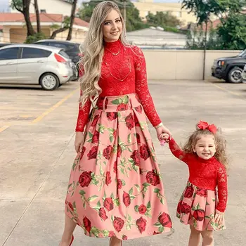 Motina Ir Dukra Vestuvių Suknelė Šeimos Atrodyti Naujieji Metai Derinti Drabužius Komplektus Ilgomis Rankovėmis Raudona Nėriniai Kalėdų Šalis Suknelė Mergaitėms