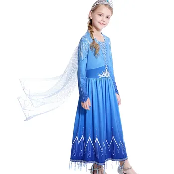 MUABABY NAUJA Elsa 2 Princesė Vakare Suknelė Mergaitėms ilgomis Rankovėmis Sniego Spausdinti Helovinas Fancy Šalies Kostiumų Drabužius su Sparno Cape
