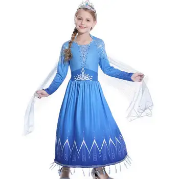 MUABABY NAUJA Elsa 2 Princesė Vakare Suknelė Mergaitėms ilgomis Rankovėmis Sniego Spausdinti Helovinas Fancy Šalies Kostiumų Drabužius su Sparno Cape