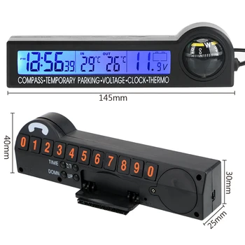 Multi-Funkcija 5 in 1 Įtampos Testeris Kompasas Termometras Laikiną Automobilių Statymo Kortele, Laikrodis Kalendorius Skaitmeninis LCD Skydelio Kamuolys