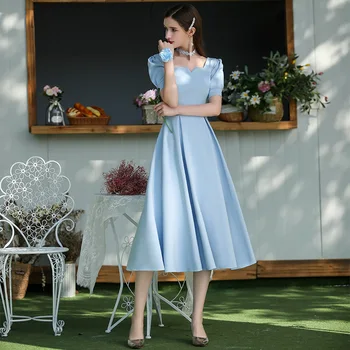 Mėlyna Bridesmaid Dresses 2020 M Ilgio Grindų Ilgis Satino Užtrauktukas Trumpas Rankovės Linijos, Vestuvių Svečias Šalis Prom Mergina Suknelės