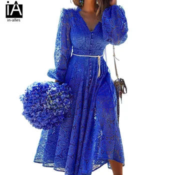 Mėlyna Siuvinėjimo Tuščiaviduriai Iš Moterų Suknelė Raukiniai Stovėti V Kaklo Žibintų Rankovės Varčias Boho Suknelė ilgomis Rankovėmis Ponios Suknelės, Šaliai