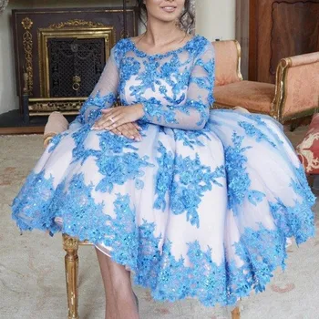 Mėlyna vakarinių Suknelių Linijos, Aplikacijos Tiulio Midi Šalis Suknelė 2018 Spalvingi Dubajus Vakare Gown Visą Rankovėmis abiye gece elbisesi