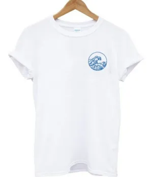Mėlynas Vandenynas Banga Spausdinti Estetinės Kišenėje Moterų marškinėliai Tumblr Mados Mielas Viršūnės Vasarą trumpomis Rankovėmis Negabaritinių Balti marškinėliai Moterims