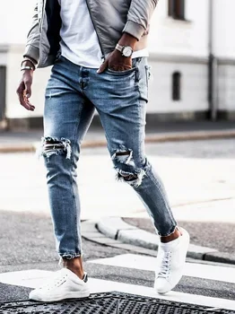 Mėlyni Džinsai vyrams Streetwear Sunaikinta Ripped Jeans Homme Hip Hop, Broken vyrų Pieštuku Kelnės Pleistras Jogger Gatvės Kelnės