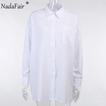 Nadafair Balta Moterų Palaidinė Marškinėliai 2020 Streetwear Negabaritinių Ilgomis Rankovėmis Viršūnes Ir Ilgas Palaidinė Atsitiktinis Laisvi Marškinėliai
