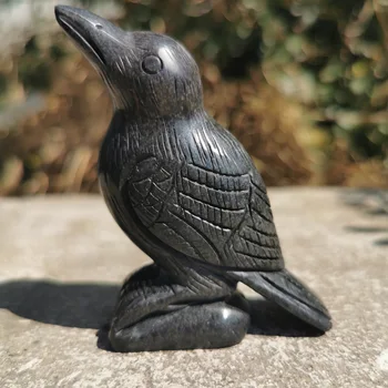 Natūralus Juodas obsidianas, išraižytas varnas mineralinių kristalų gyvūnų statula patalpų apdaila
