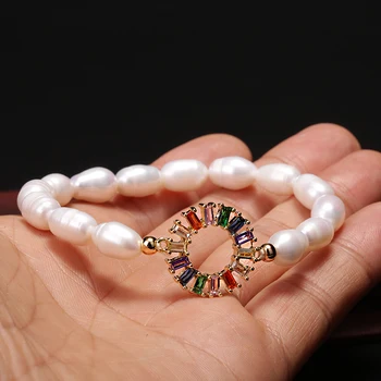 Natūralūs Gėlavandenių Perlų Apyrankė moterų Vaivorykštė CZ Jungtis Bauda Mados Perlų Bangle Papuošalai