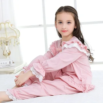 Nauja Rudens Mergina Pajama Nustatyti Vaikų Namų Audiniu Moterų Pižamos Medvilnės ilgomis Rankovėmis Nėrinių Mielas Vaikams Princesė Retro Sleepwear