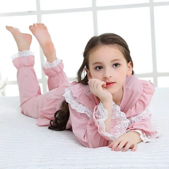 Nauja Rudens Mergina Pajama Nustatyti Vaikų Namų Audiniu Moterų Pižamos Medvilnės ilgomis Rankovėmis Nėrinių Mielas Vaikams Princesė Retro Sleepwear