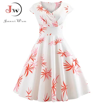 Nauja Vasaros Suknelė Moterims Bžūp Rankovėmis Gėlių Spausdinti Hepburn 50s 60s Vintage Suknelė Tunika Elegantiškas Plonas Šalis Suknelės Seksualus Sundress